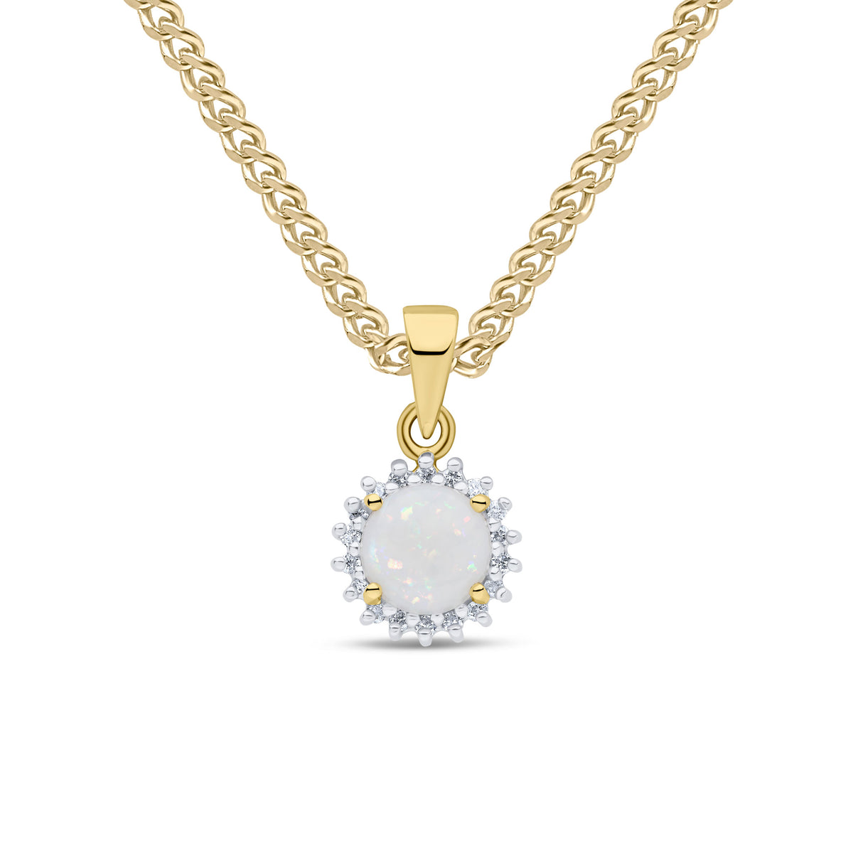 9CT YG 6MM ROUND OPAL & DIAMOND CLAW SET CLUSTER PENDANT. RHODIUM TO DIAMONDS