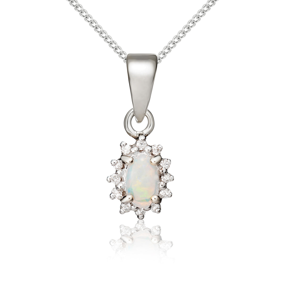 9CT WG OVAL 5X3MM OPAL & DIAMOND CLAW CLUSTER PENDANT