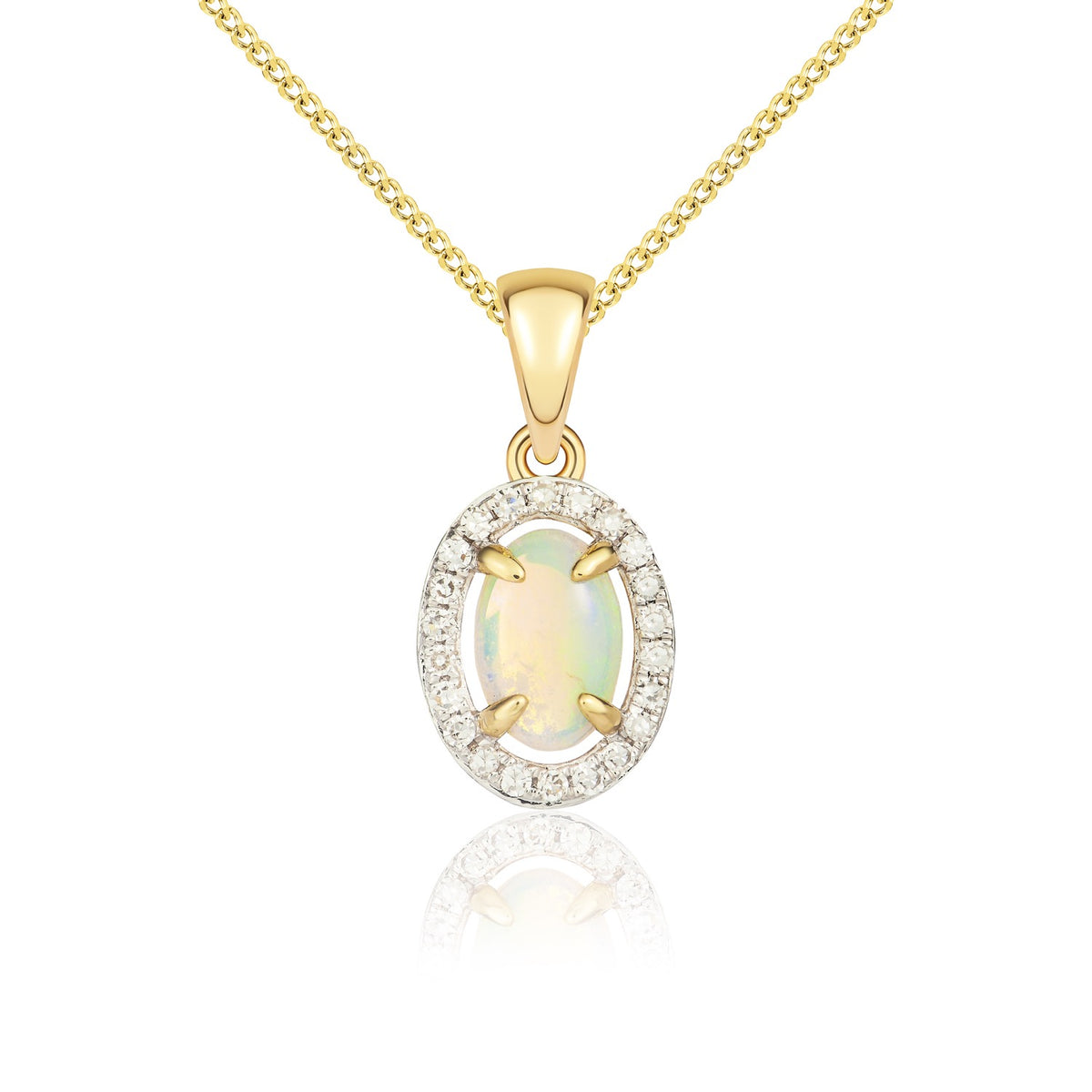 9CT YG 6X4 OVAL OPAL AND ROUND DIAMOND HALO CLUSTER PENDANT WITH PLAIN LOOP TOP. RHODIUM TO DIAMONDS