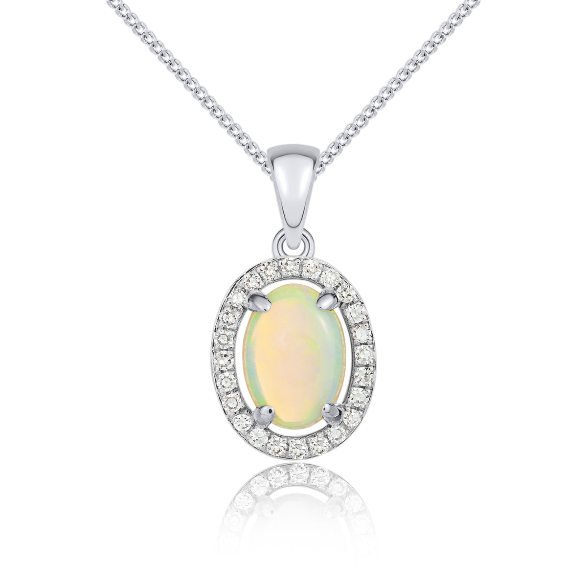 9CT WG 7X5MM OVAL OPAL AND DIAMOND HALO CLUSTER PENDANT