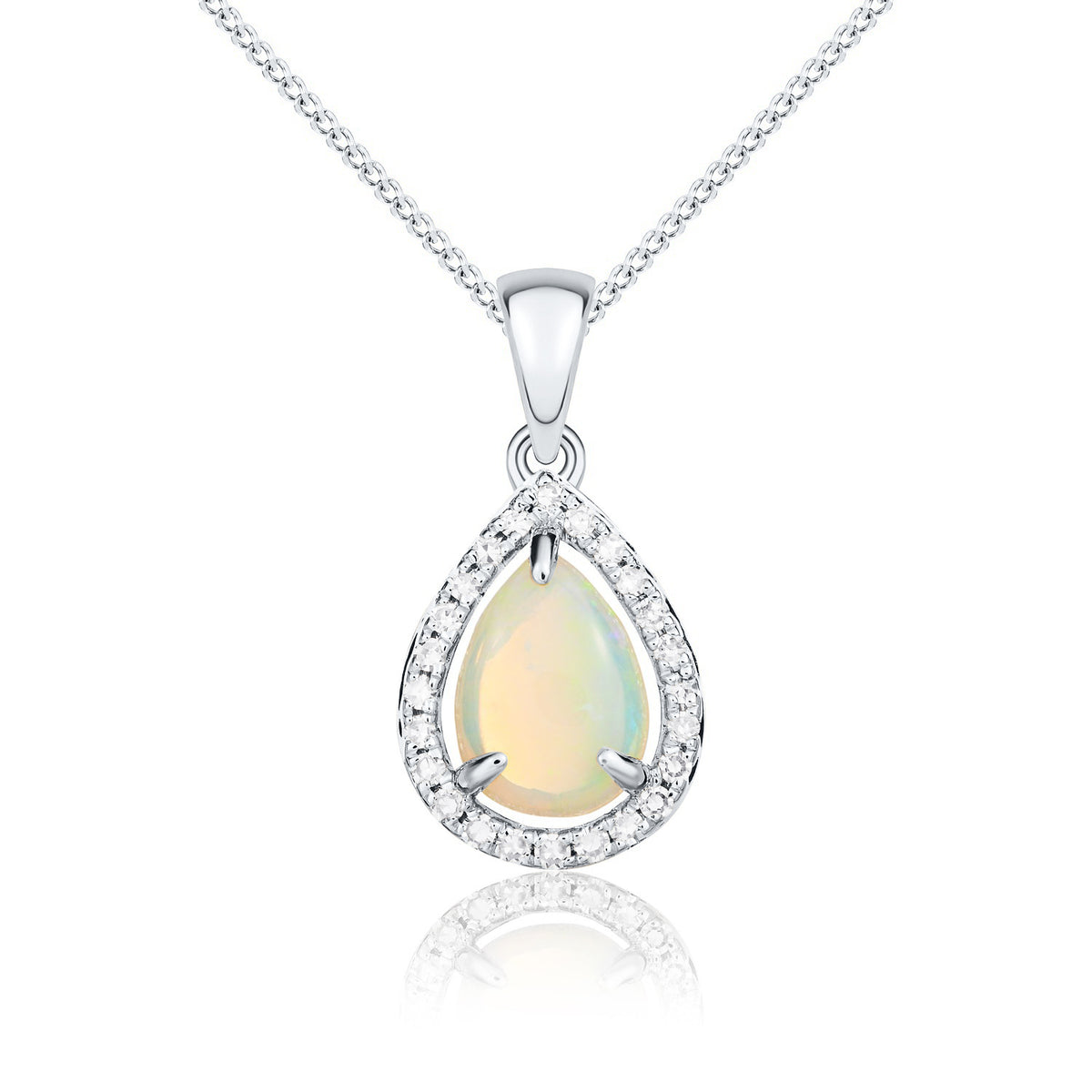 9CT WG 7X5 PEARSHAPE OPAL & DIAMOND HALO CLAW CLUSTER PENDANT