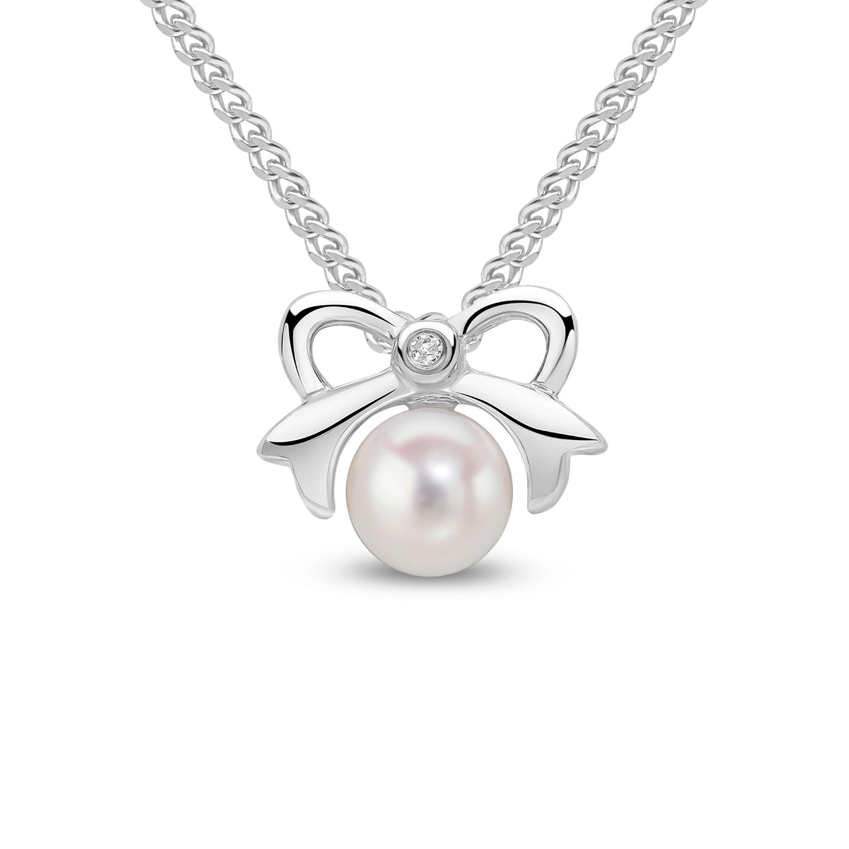 9CT WG PEARL & DIAMOND BOW DESIGN SLIDER PENDANT