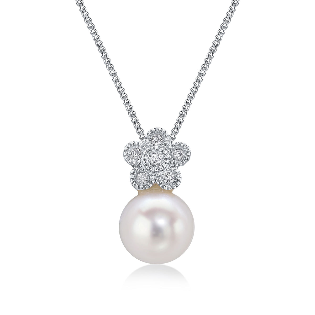 9CT WG DIAMOND MILLEGRAIN CLUSTER & FRESHWATER PEARL SLIDER PENDANT