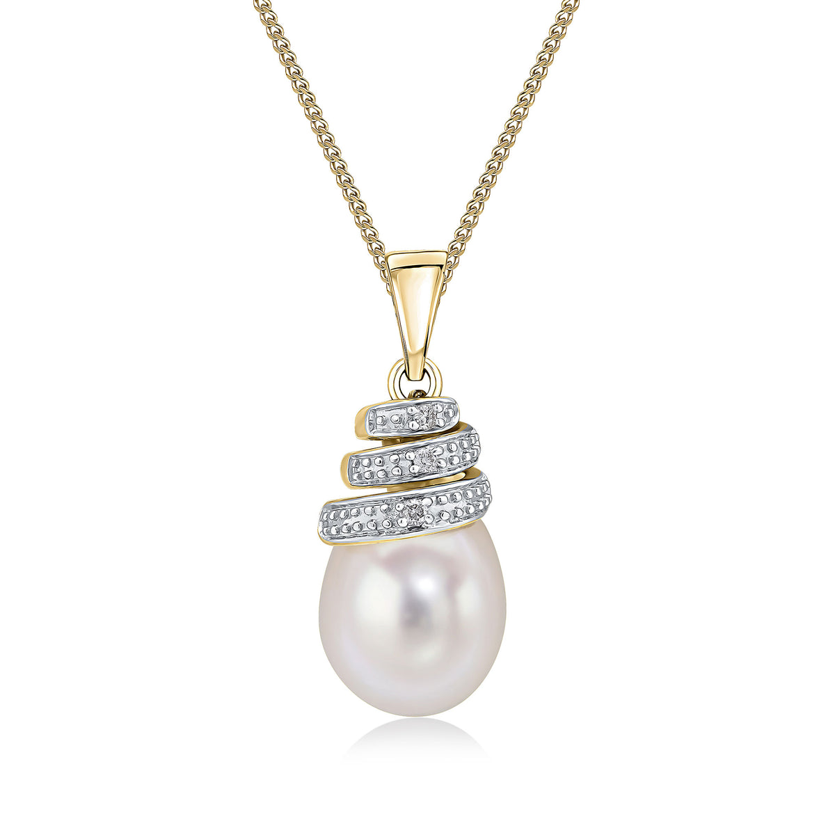 9CT YG CFW PEARL & DIAMOND SET SPIRAL PENDANT. RHODIUM TO DIAMONDS