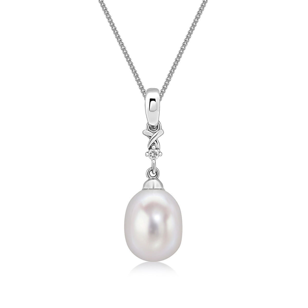 9CT WHITE GOLD CULTURED FRESHWATER PEARL AND DIAMOND 2ST PENDANT WITH PLAIN LOOP TOP