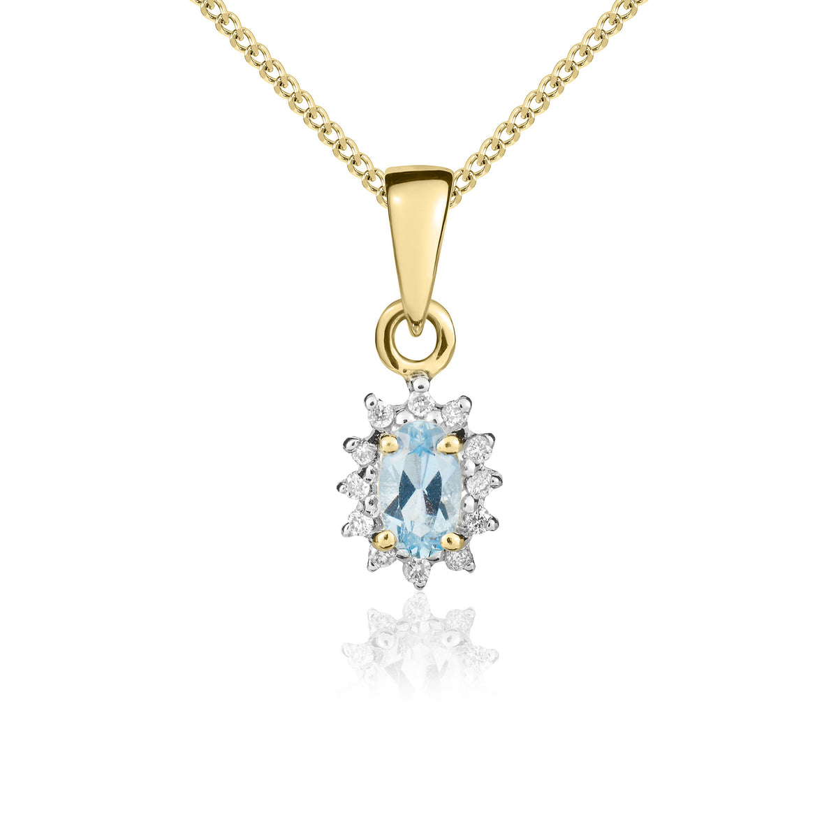 9CT YG OVAL 5X3MM AQUA & DIAMOND CLAW CLUSTER PENDANT. RHODIUM TO DIAMONDS
