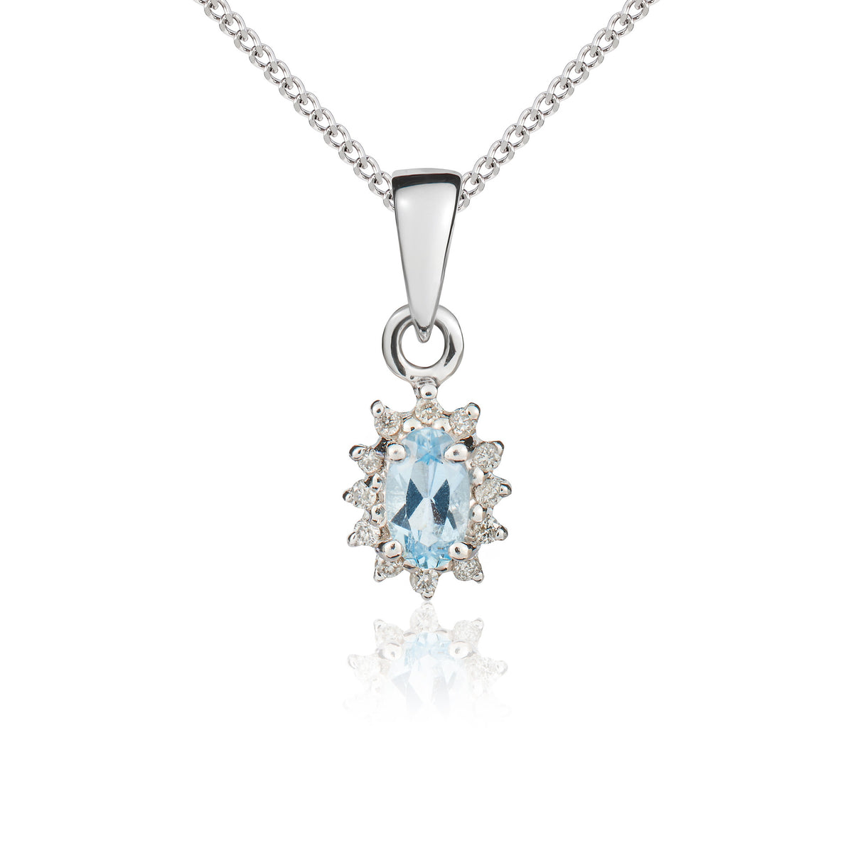 9CT WG OVAL 5X3MM AQUA & DIAMOND CLAW CLUSTER PENDANT