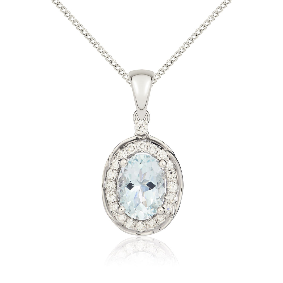 9CT WG 7X5 OVAL AQUA & DIAMOND CLUSTER PENDANT WITH ROPE EDGE