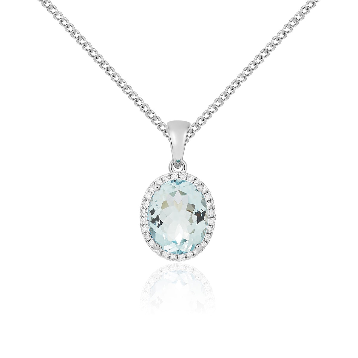 9CT WG 10X8 OVAL AQUA AND DIAMOND CLAW SET CLUSTER PENDANT