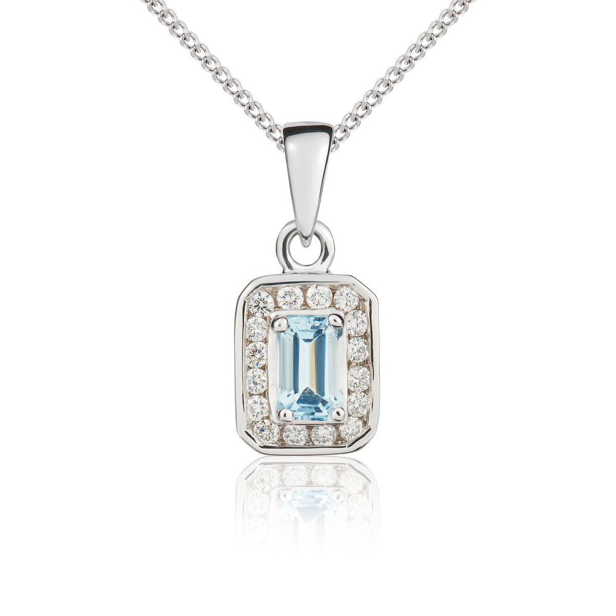 9CT WG OCTAGON 5X3 AQUA & DIAMOND CLUSTER CLAW PENDANT