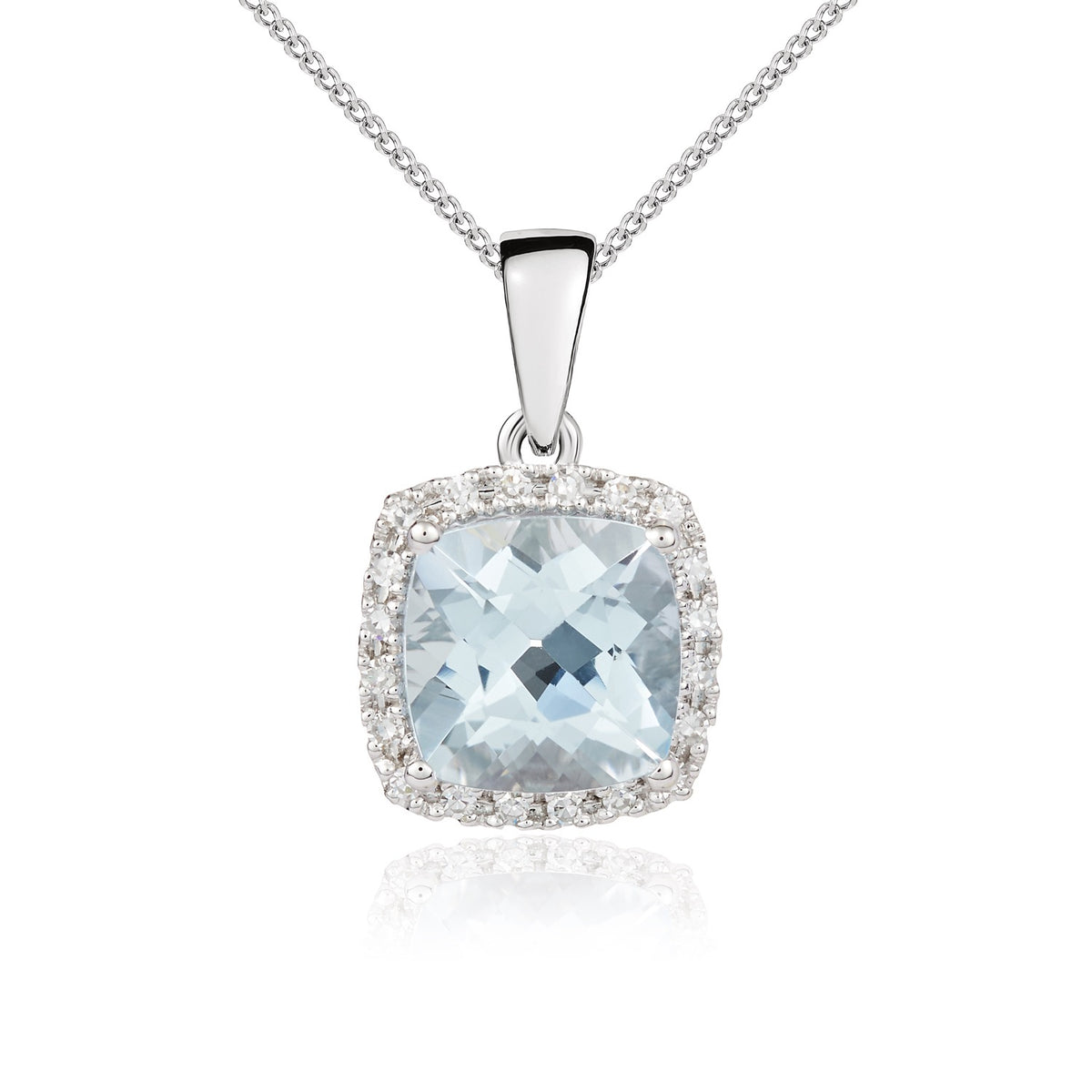 9CT WG 8MM CUSHION AQUA AND ROUND DIAMOND CLAW CLUSTER PENDANT