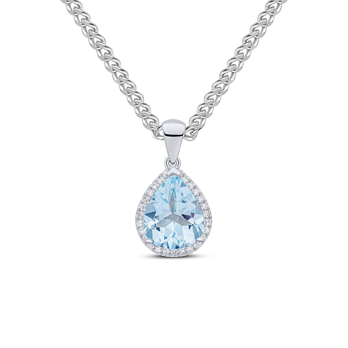 9CT WG 10X8 PEARSHAPE AQUA & DIAMOND CLUSTER PENDANT