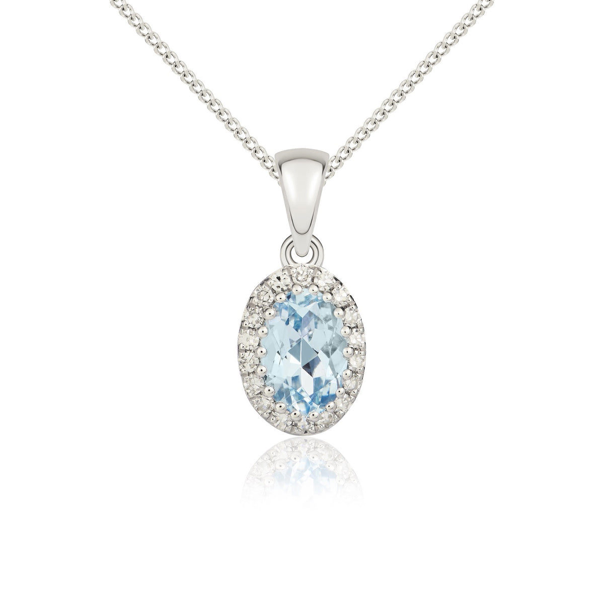 9CT WHITE GOLD OVAL AQUA AND DIAMOND CLAW CLUSTER PENDANT