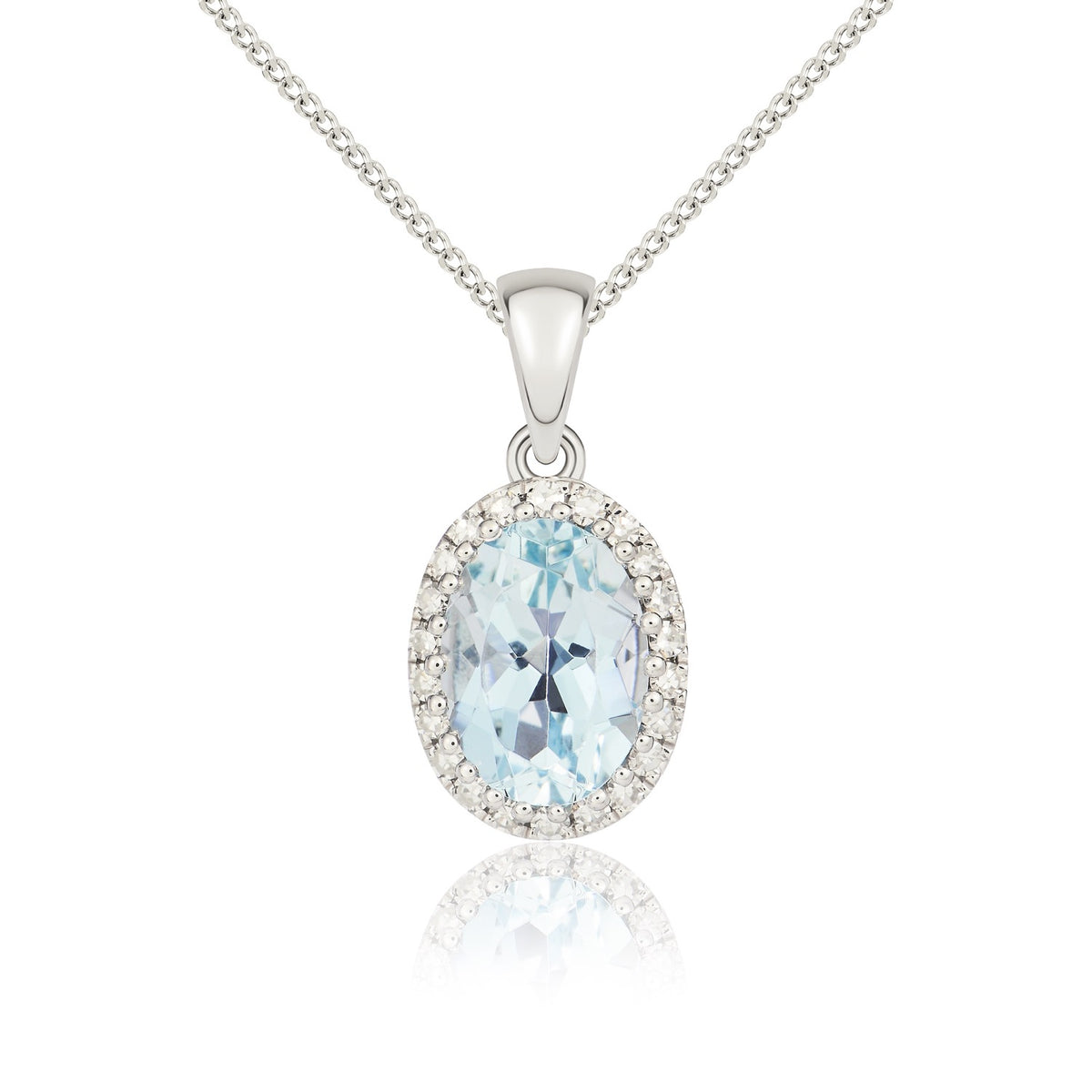 9CT WHITE GOLD OVAL AQUA AND ROUND DIAMOND CLAW SET CLUSTER PENDANT WITH PLAIN LOOP
