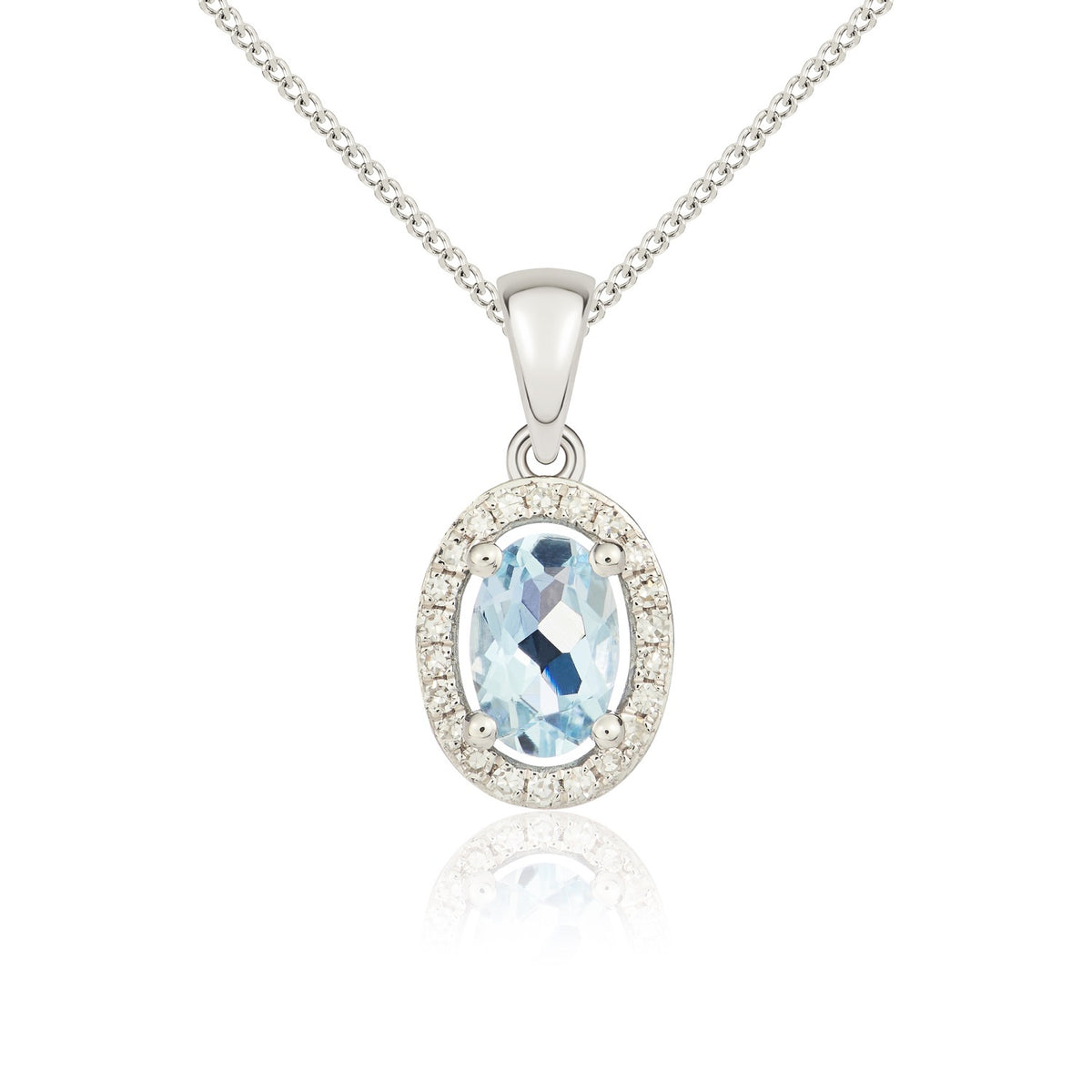 9CT WG 6X4 OVAL AQUA AND ROUND DIAMOND HALO CLUSTER PENDANT WITH PLAIN LOOP TOP