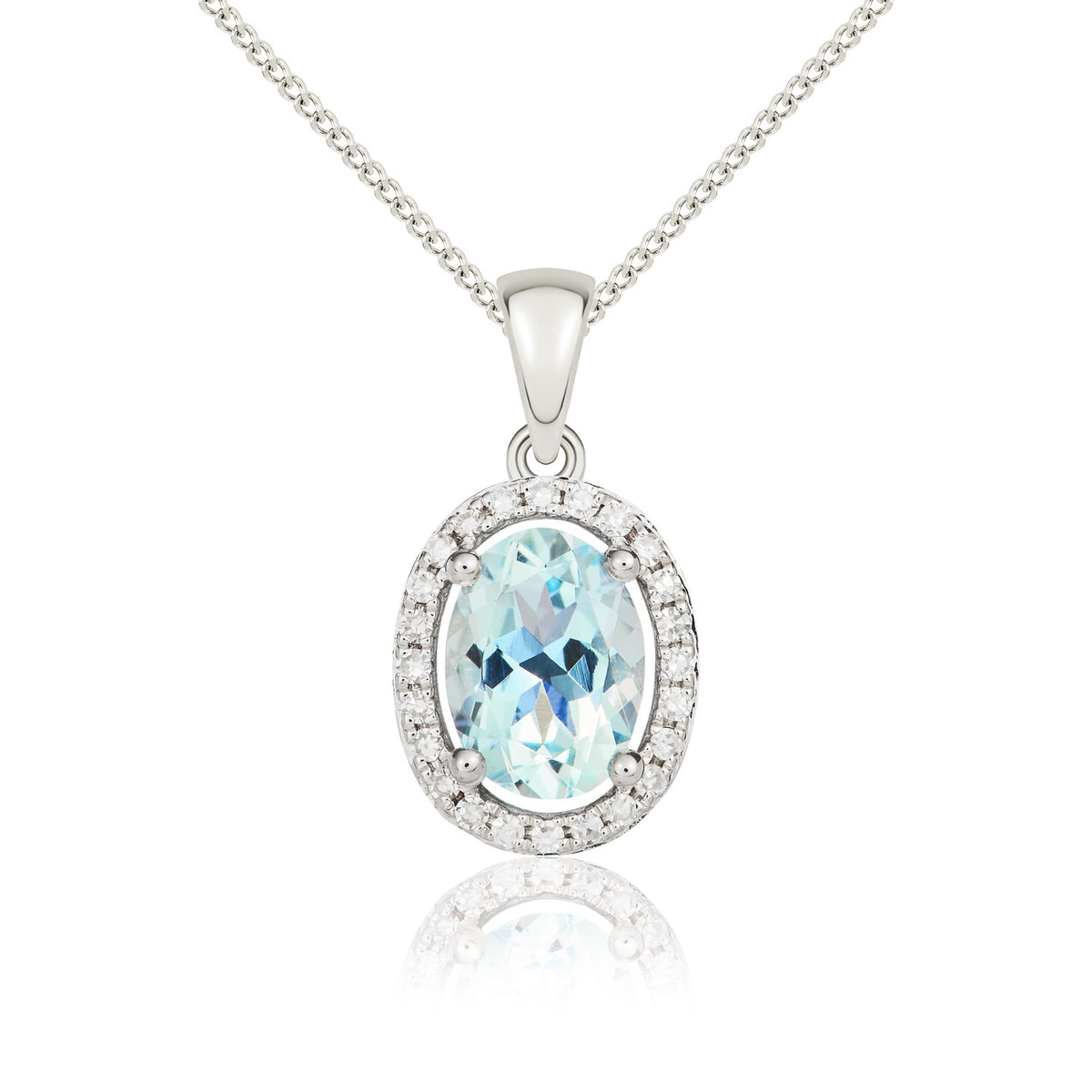 9CT WG 7X5MM OVAL AQUA AND DIAMOND HALO CLUSTER PENDANT
