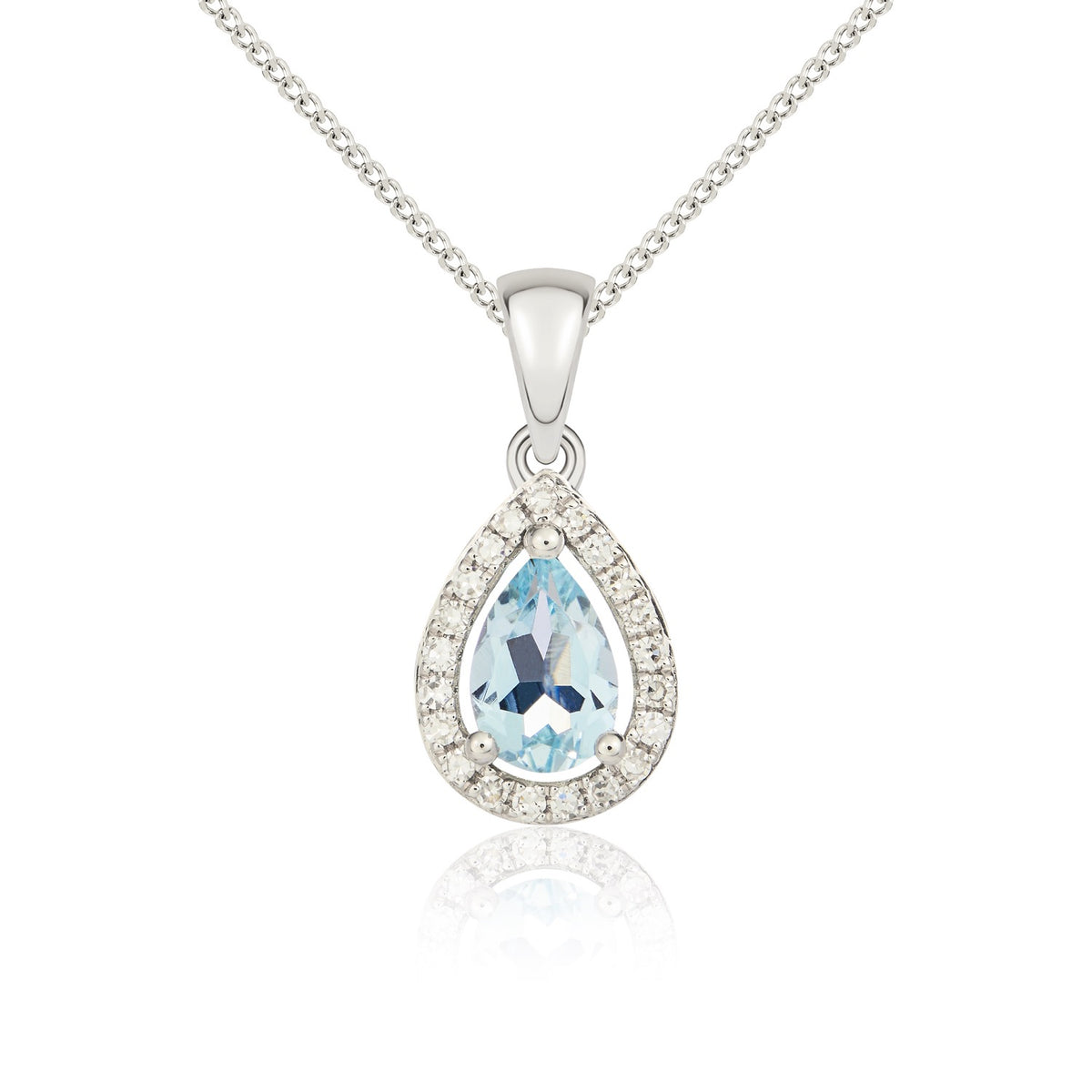 9CT WG 6X4 PEARSHAPE AQUA & DIAMOND HALO CLAW CLUSTER PENDANT