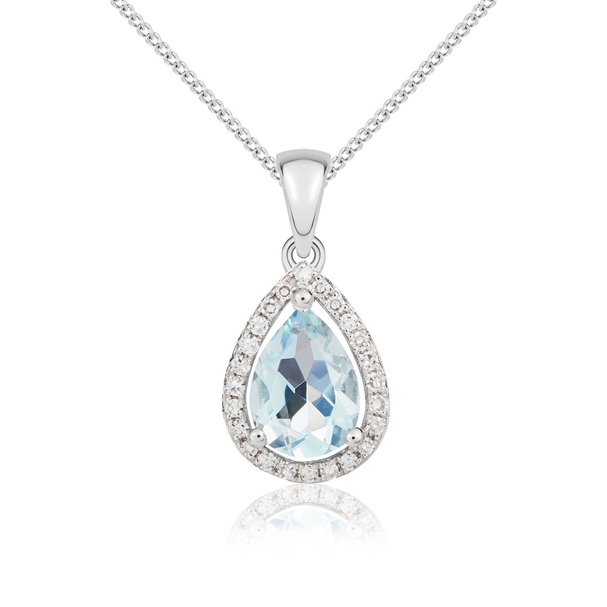 9CT WG 7X5 PEARSHAPE AQUA & DIAMOND HALO CLAW CLUSTER PENDANT
