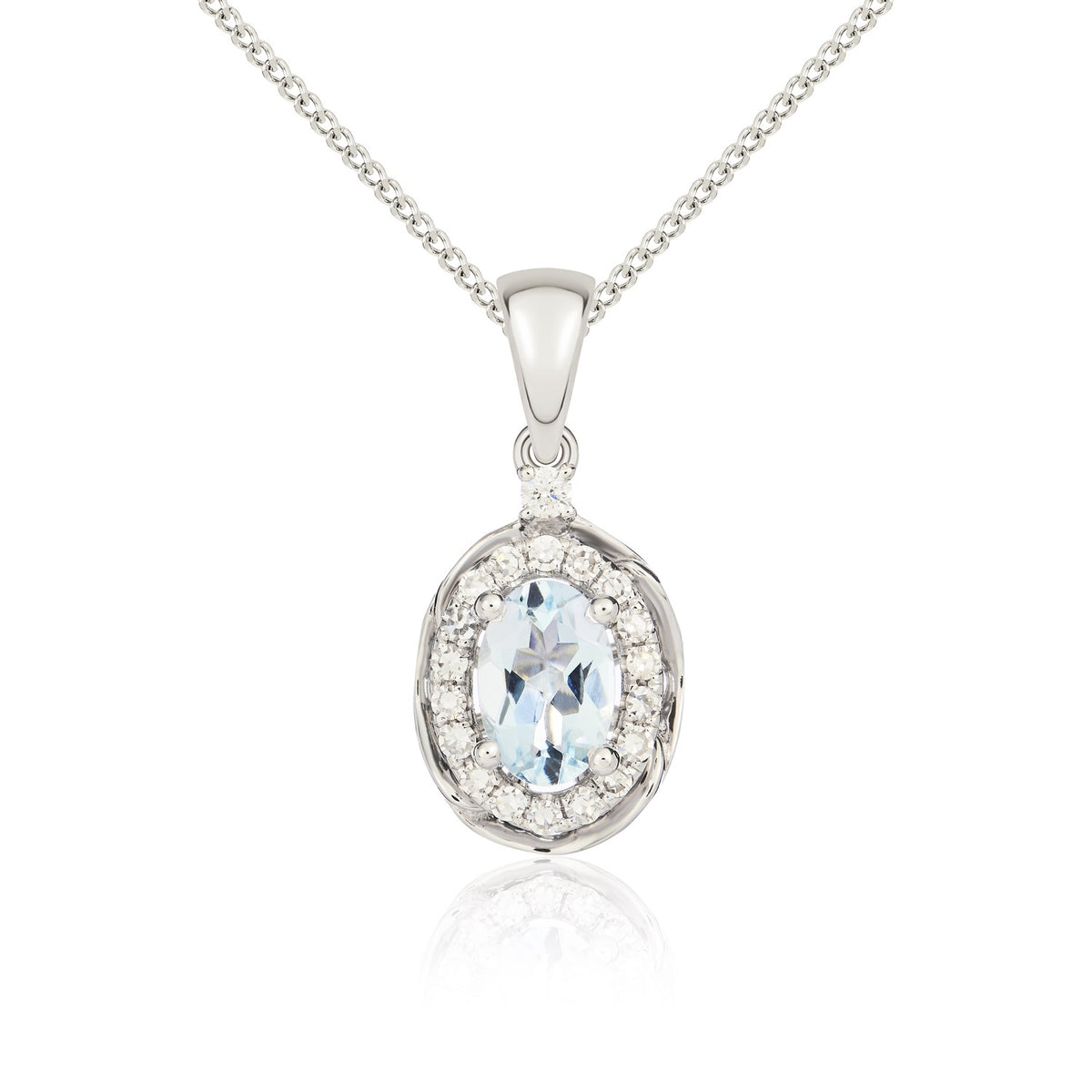 9CT WG 6X4 OVAL AQUA & DIAMOND CLUSTER PENDANT WITH ROPE EDGE.