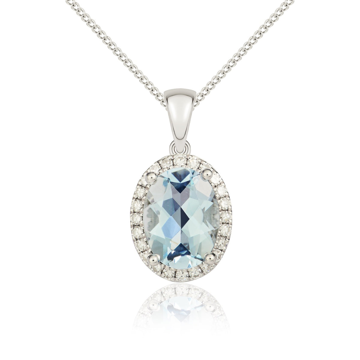 9CT WG 8X6MM OVAL AQUA & DIAMOND CLAW SET CLUSTER PENDANT