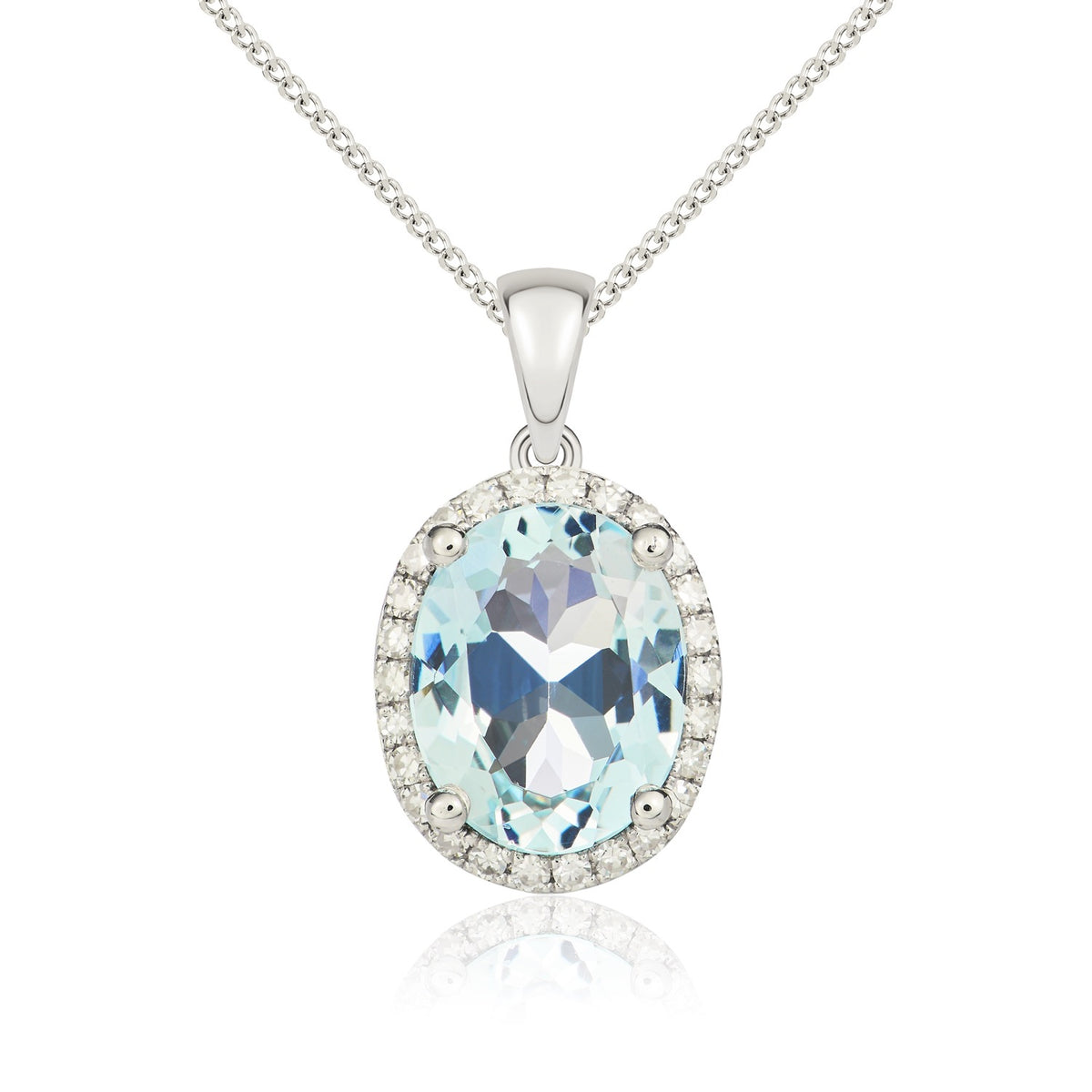 9CT WG 9X7 OVAL AQUA & DIAMOND CLAW SET CLUSTER PENDANT