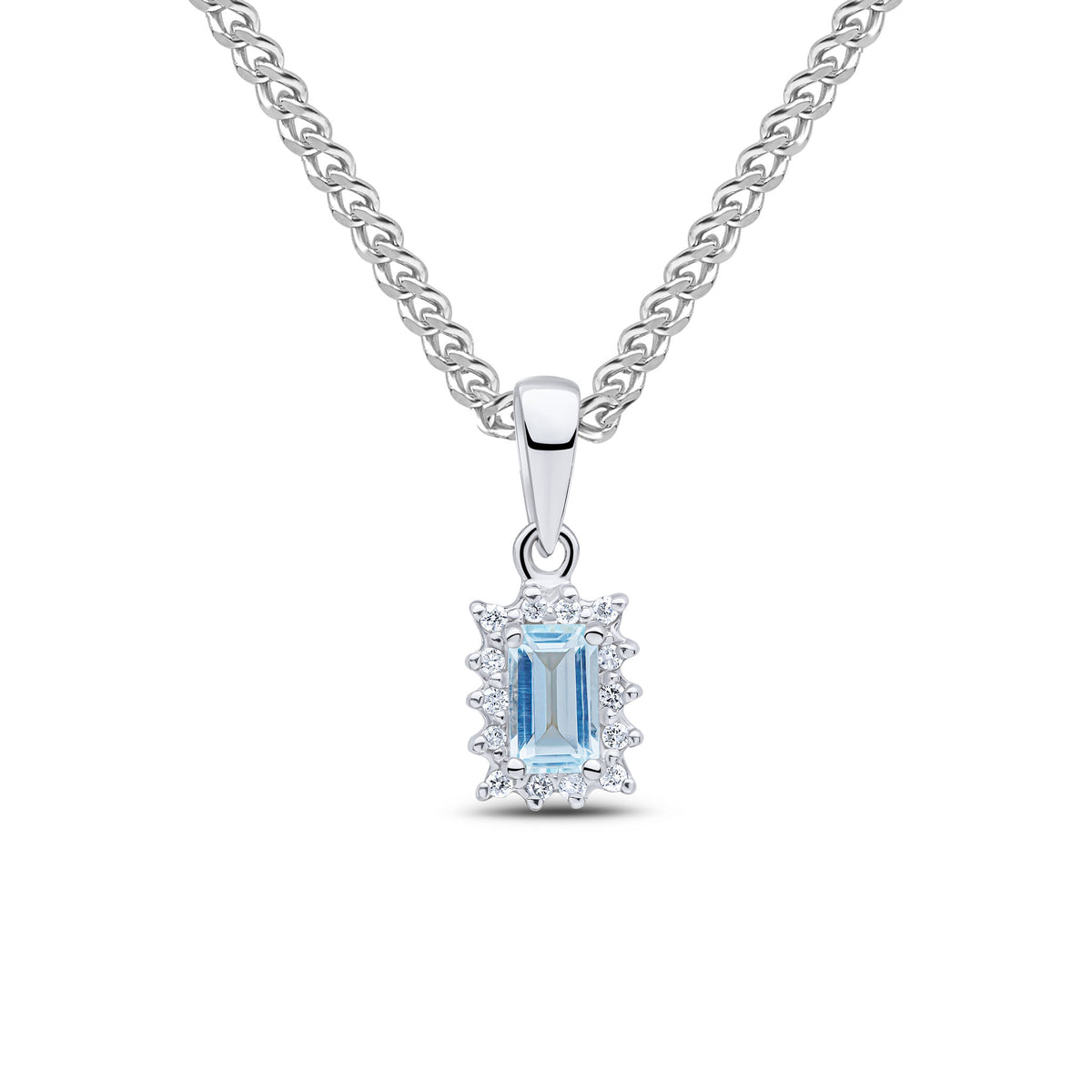 9CT WG 5X3 OCTAGON AQUA & DIAMOND CLAW SET CLUSTER PENDANT