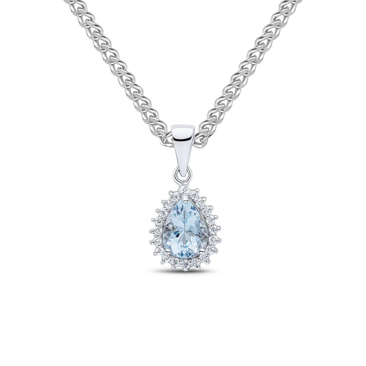 9CT WG 7X5 PEARSHAPE AQUA & DIAMOND CLAW SET CLUSTER PENDANT