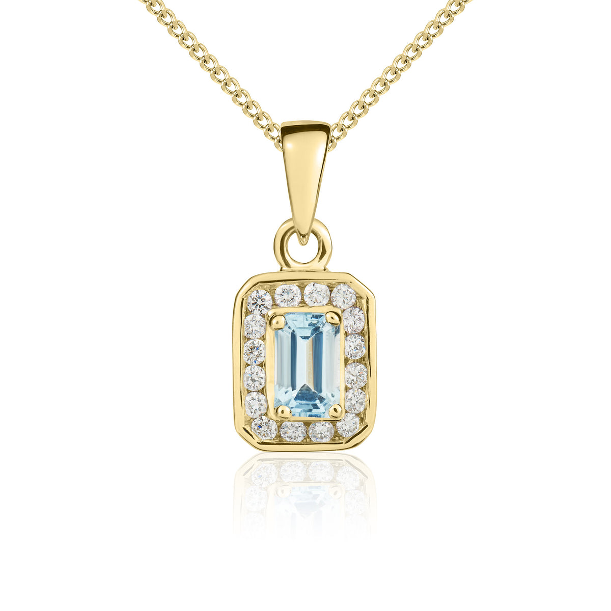 9CT YG OCTAGON 5X3 AQUA & DIAMOND CLUSTER CLAW PENDANT