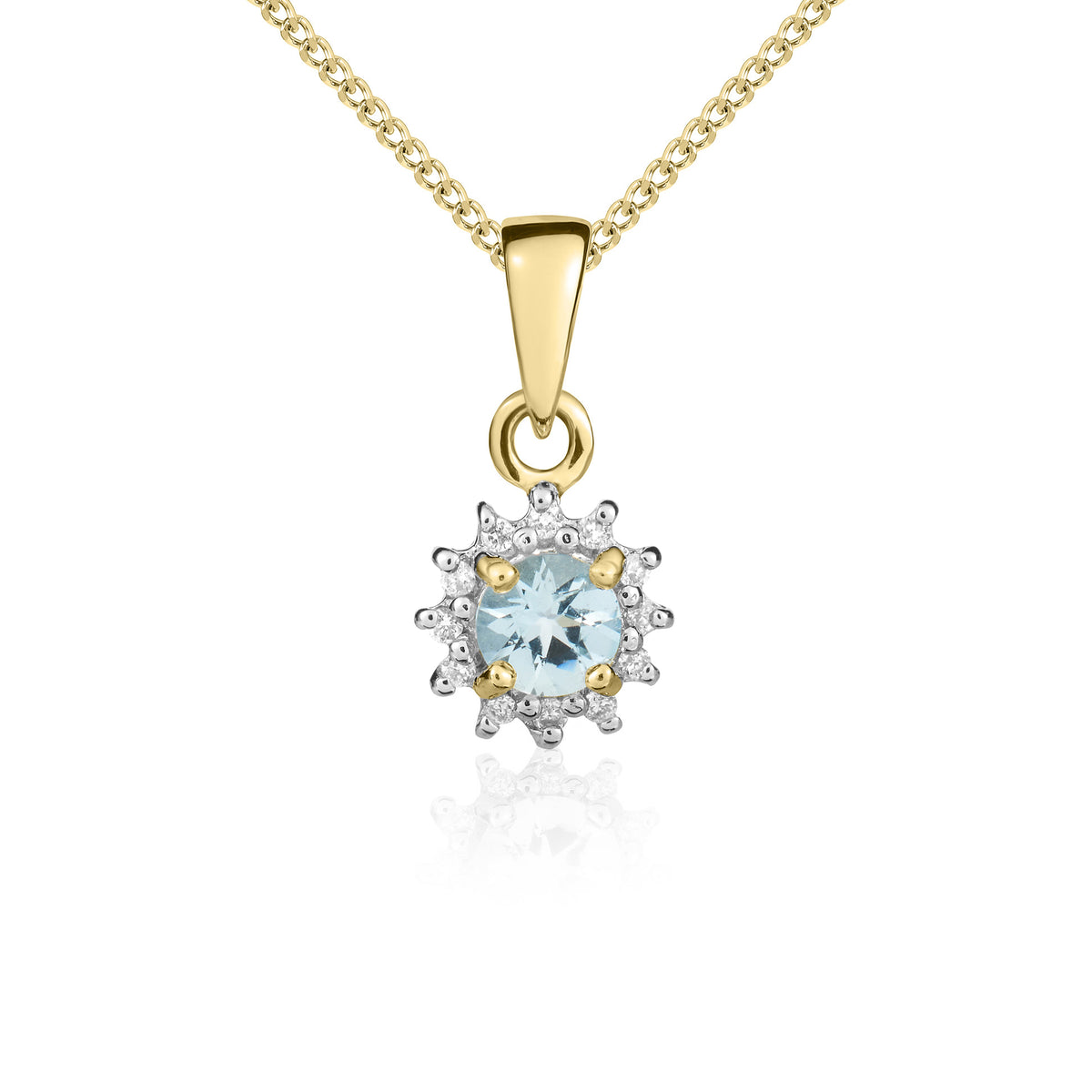 9YG ROUND 4MM AQUA & DIAMOND CLUSTER CLAW PENDANT