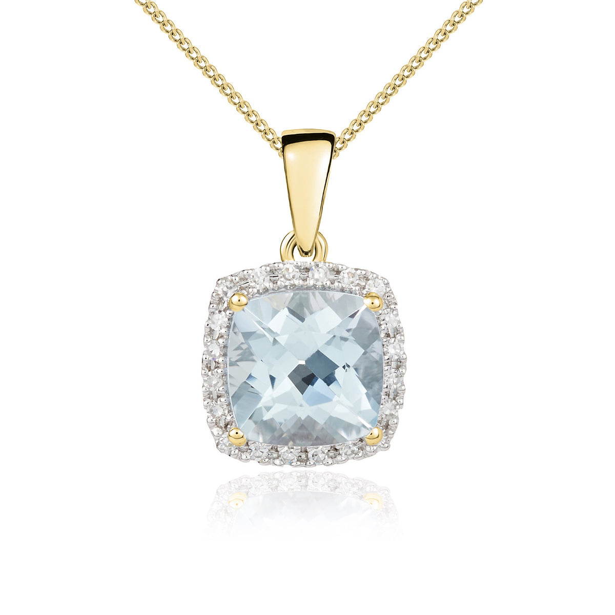 9CT YG 8MM CUSHION AQUA AND ROUND DIAMOND CLAW CLUSTER PENDANT. RHODIUM TO DIAMONDS