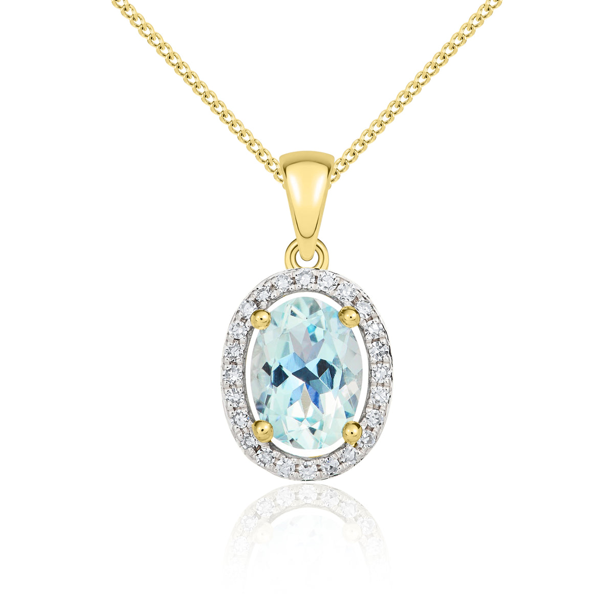 9CT YG 7X5MM OVAL AQUA AND DIAMOND HALO CLUSTER PENDANT. RHODIUM TO DIAMONDS