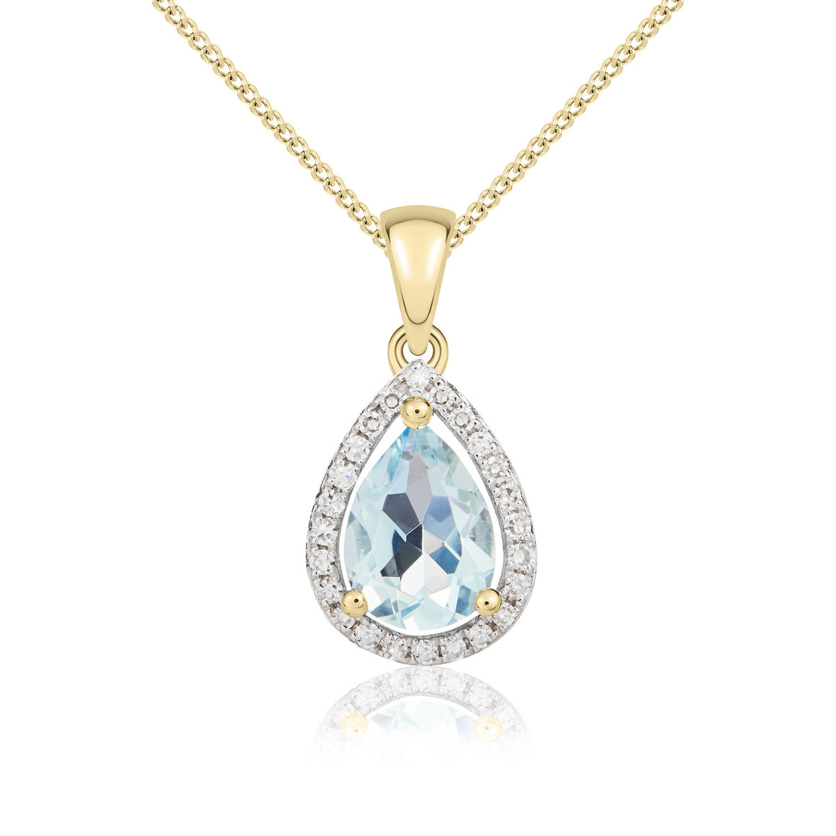 9CT YG 7X5 PEARSHAPE AQUA & DIAMOND HALO CLAW CLUSTER PENDANT. RHODIUM TO DIAMONDS