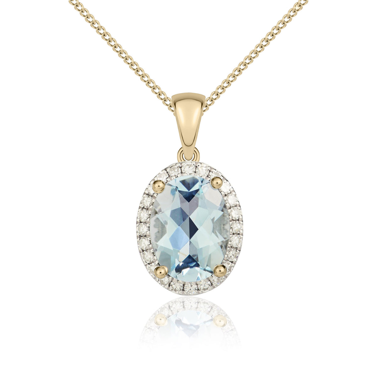 9CT YG 8X6MM OVAL AQUA & DIAMOND CLAW SET CLUSTER PENDANT. RHODIUM TO DIAMONDS