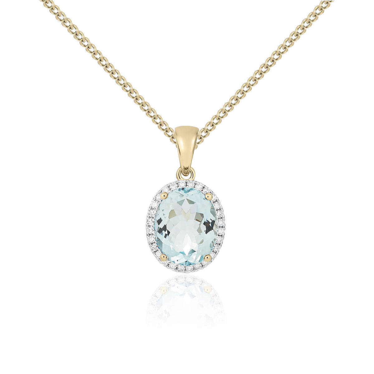 9CT YG 10X8 OVAL AQUA AND DIAMOND CLAW SET CLUSTER PENDANT. RHODIUM TO DIAMONDS