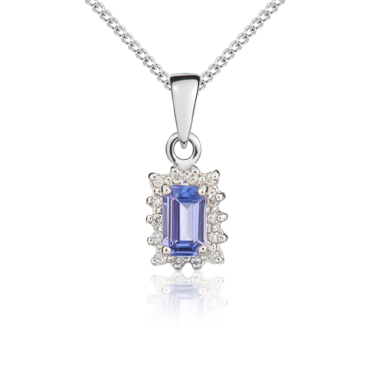 9CT WG 5X3 OCTAGON TANZANITE & DIAMOND CLAW SET CLUSTER PENDANT
