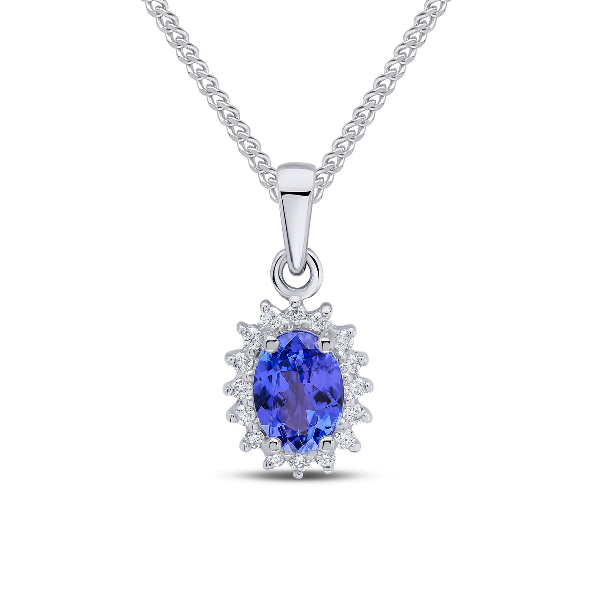 9CT WG 7X5 OVAL TANZANITE & DIAMOND CLAW SET CLUSTER PENDANT