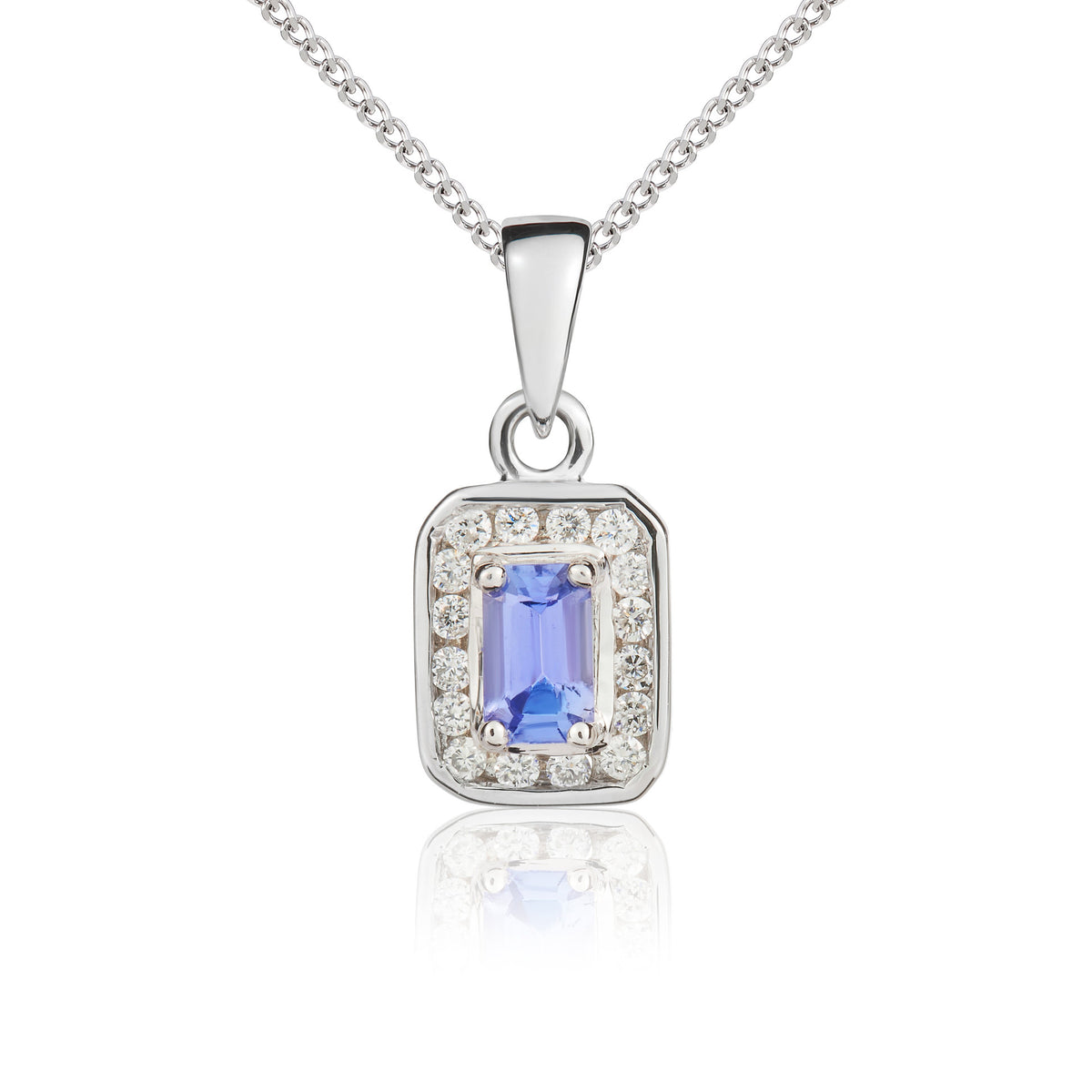 9CT WG 5X3 OCTAGON TANZANITE & DIAMOND CLUSTER PENDANT