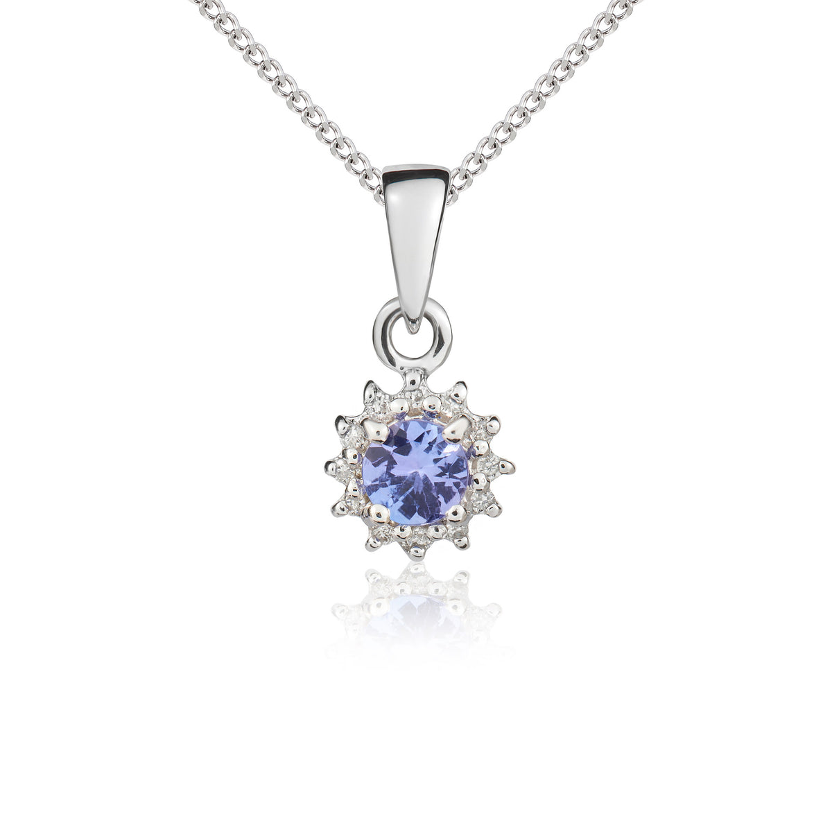 9CT WG 4MM ROUND TANZANITE & DIAMOND CLUSTER CLAW PENDANT
