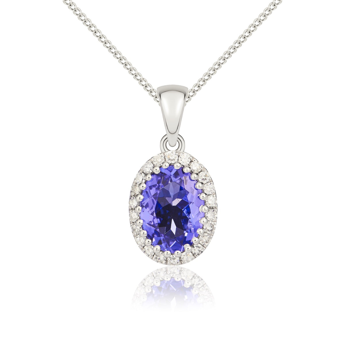 9CT WHITE GOLD OVAL TANZANITE AND ROUND DIAMOND CLAW SET CLUSTER PENDANT WITH PLAIN LOOP