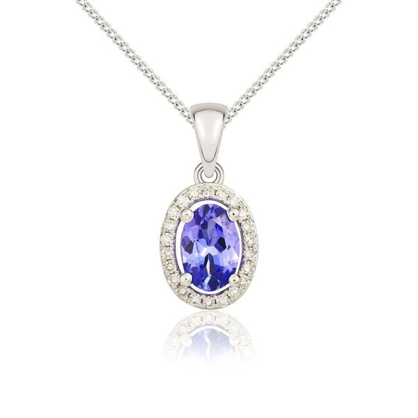 9CT WG 6X4 OVAL TANZANITE AND ROUND DIAMOND HALO CLUSTER PENDANT WITH PLAIN LOOP TOP
