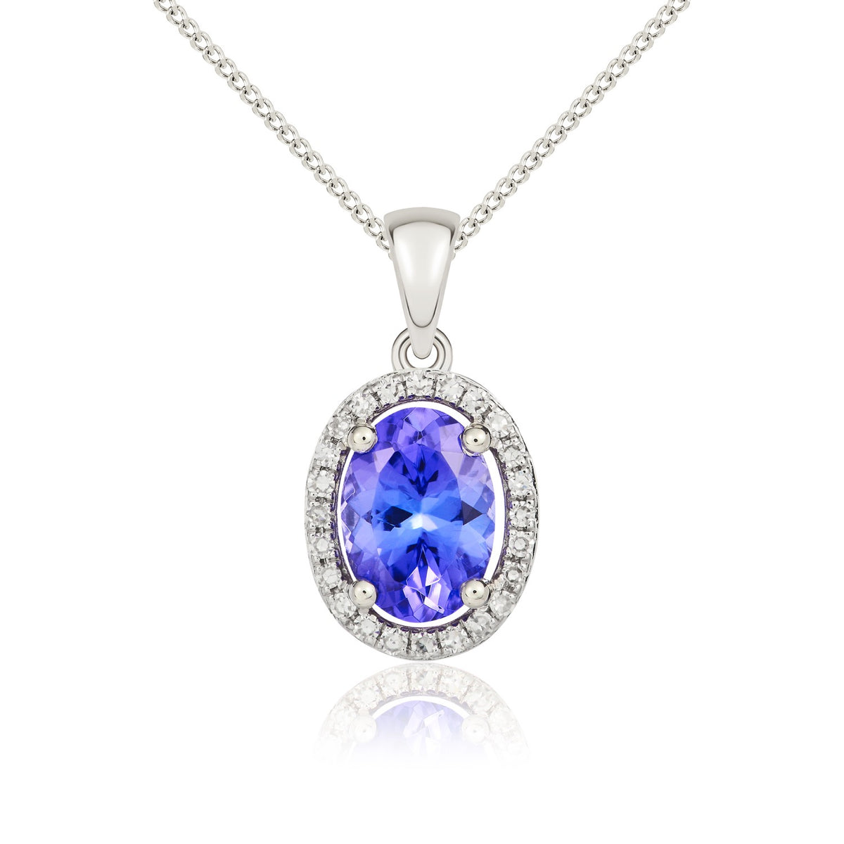 9CT WG 7X5MM OVAL TANZANITE AND DIAMOND HALO CLUSTER PENDANT