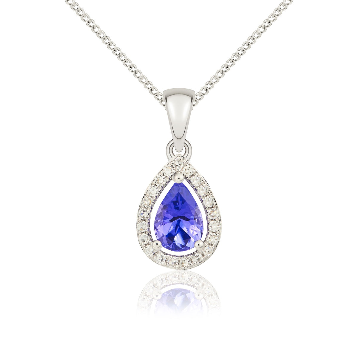 9CT WG 6X4 PEARSHAPE TANZANITE & DIAMOND HALO CLAW CLUSTER PENDANT