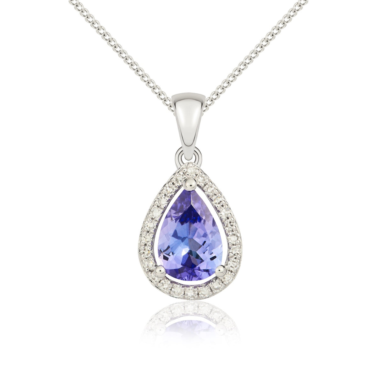 9CT WG 7X5 PEARSHAPE TANZANITE & DIAMOND HALO CLAW CLUSTER PENDANT