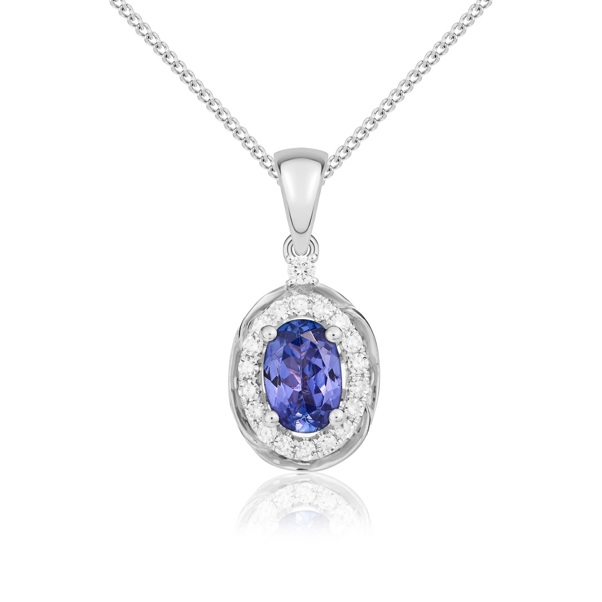 9CT WG 6X4 OVAL TANZANITE & DIAMOND CLUSTER PENDANT WITH ROPE EDGE.