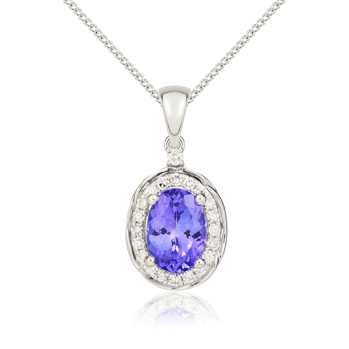 9CT WG 7X5 OVAL TANZANITE & DIAMOND CLUSTER PENDANT WITH ROPE EDGE
