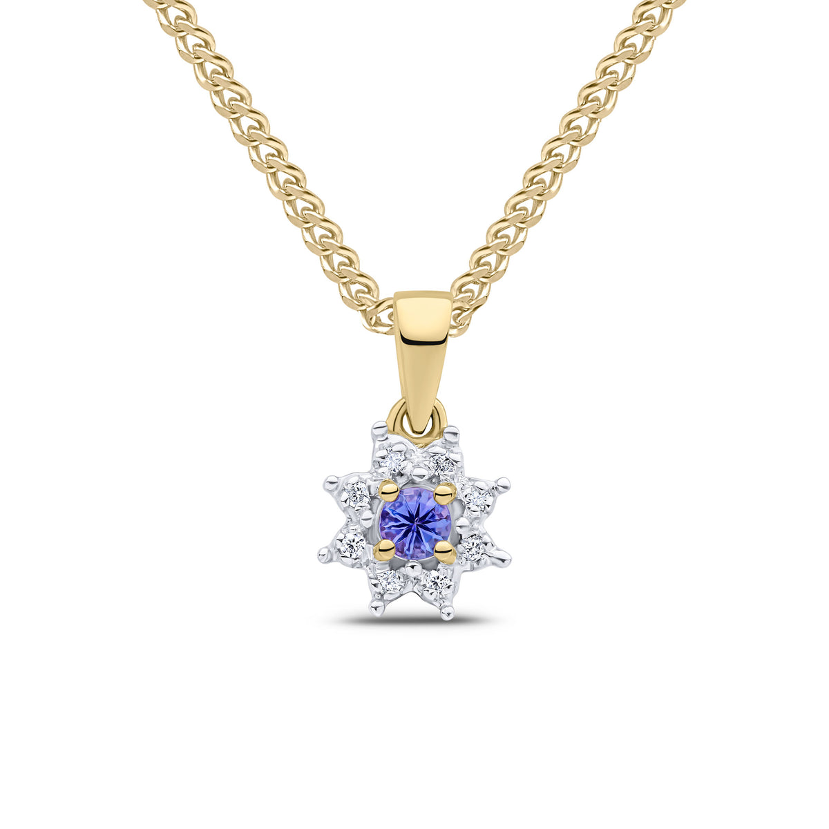9CT YG 3MM ROUND TANZANITE AND DIAMOND CLAW SET CLUSTER PENDANT