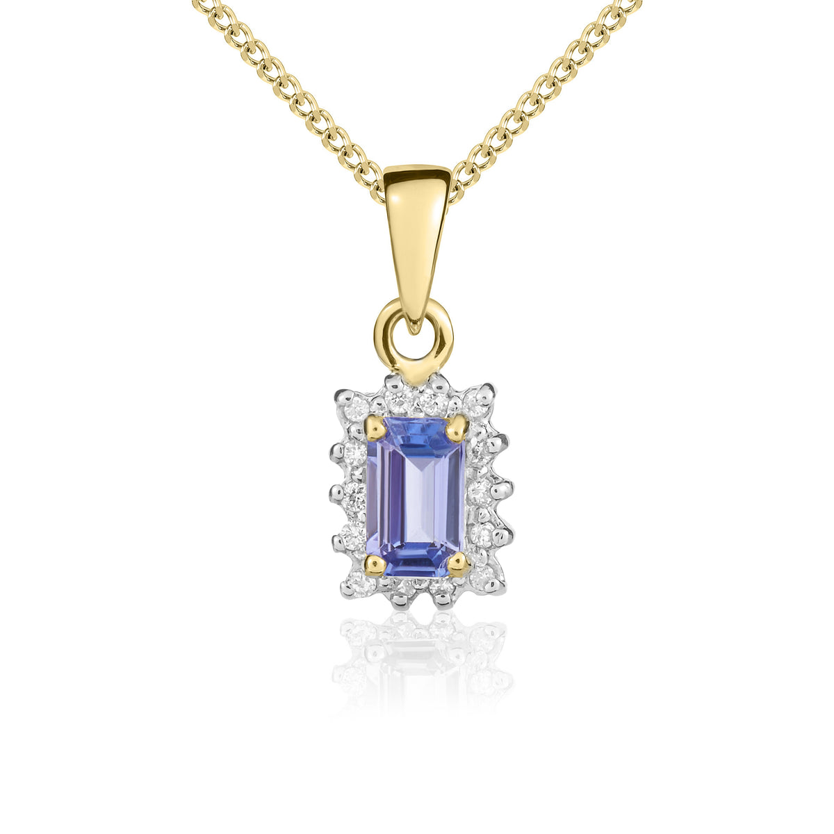 9CT YG 5X3 OCTAGON TANZANITE & DIAMOND CLAW SET CLUSTER PENDANT. RHODIUM TO DIAMONDS