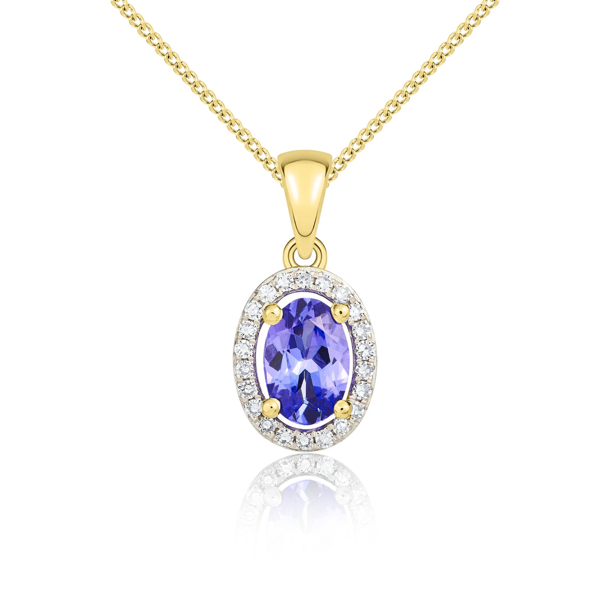 9CT YG 6X4 OVAL TANZANITE AND ROUND DIAMOND HALO CLUSTER PENDANT WITH PLAIN LOOP. RHODIUM TO DIAMONDS