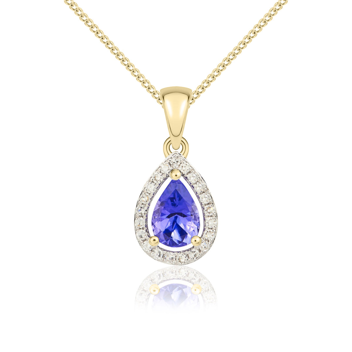 9CT YG 6X4 PEARSHAPE TANZANITE & DIAMOND HALO CLAW CLUSTER PENDANT. RHODIUM TO DIAMONDS