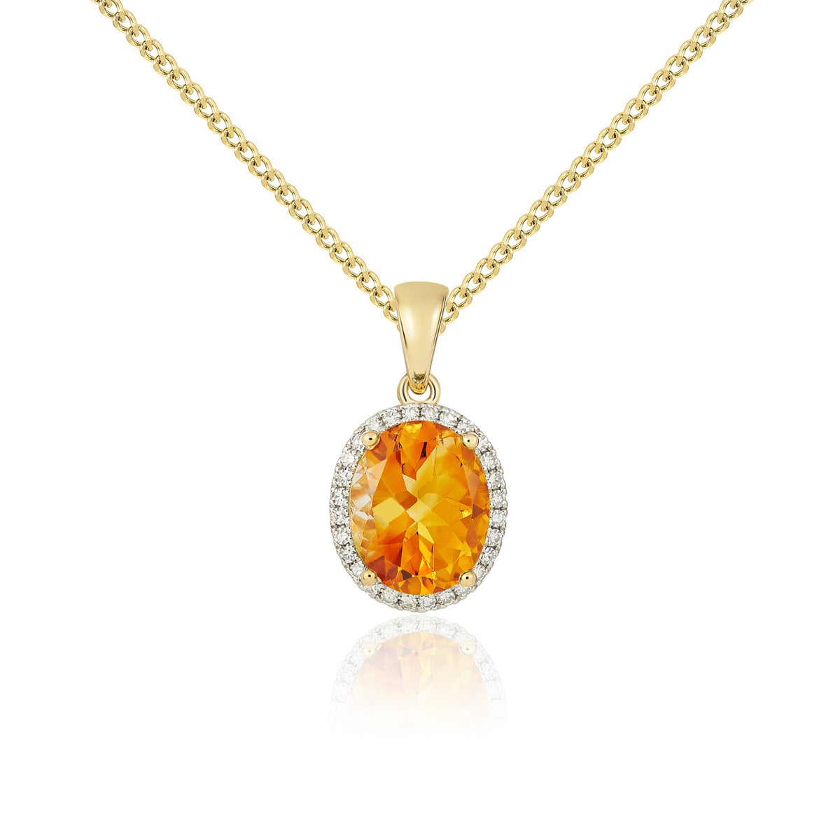 9CT YG 10X8 OVAL CITRINE AND DIAMOND CLAW SET CLUSTER PENDANT. RHODIUM TO DIAMONDS